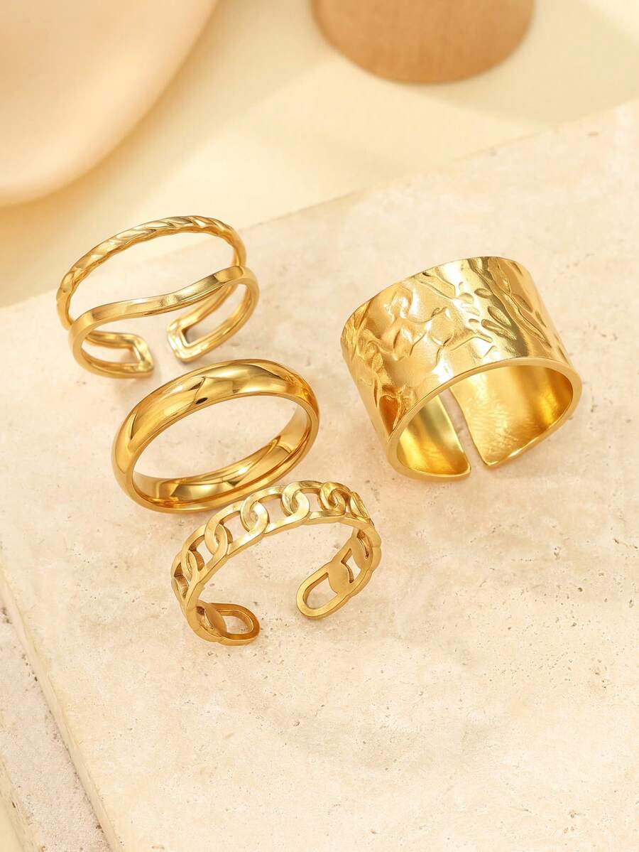 4件組不鏽鋼金色繩紋光滑開口戒指套組,適合女性日常配戴或作為送給朋友的禮物 - 金黃色 - 查看 1