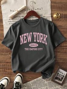 1件女童休闲印花圆领短袖T恤，色彩鲜艳的时尚图案T恤，适合学生和青少年，夏季款 - 深灰色 - 查看 3