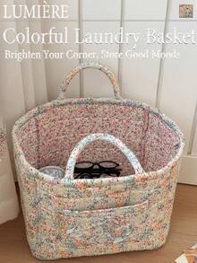 1Pc Floral Print Quilted Storage Basket Laundry Basket Large Capacity Portable Storage Bag Foldable Snack Basket With Handle For Women And Girls Cosmetic Storage Basket Toy Storage Basket Skincare Storage Basket Women Makeup Storage Multifunctional Storage Basket Cosmetic Organizer Home Decor Livingroom Bedroom Decor Bathroom Decor - 彩色 - 查看 6