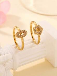 Bộ 2 chiếc nhẫn thép không gỉ mạ vàng kiểu dáng tối giản, hình vuông và tròn, đính nhiều viên kim cương trắng nhỏ, thích hợp cho nữ đeo hàng ngày hoặc làm quà tặng. - Vàng - Xem 2