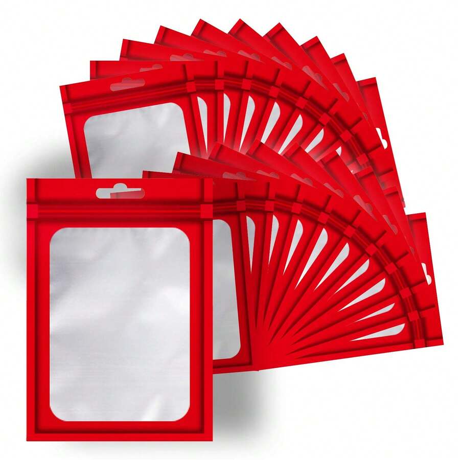100-Pack Holographic Resealable Bag Zipper Food Storage Aluminium Foil Mylar Smell Bag Plastic Flat Packaging Pouch For Party Favor Food Candy Jewelry Lip Gloss Available In Multiple Sizes And Colors - 紅色 - 查看 1