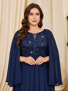 Vestido Longo de Chiffon com Decote V Profundo, Renda Floral com Lantejoulas, Bainha com Babado Contrastante, Adequado para Bailes, Festas Formais, Convidados de Casamento, Ocasiões Formais, Cerimônias de Formatura, Galas, Etc. Primavera - Azul Marinho - Visão 8