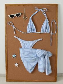 新款夏季沙滩女士性感优雅休闲比基尼套装，饰有仿珍珠装饰的挂脖系带，浅蓝色泳衣搭配同色迷你裙，是沙滩、度假、派对的必备单品 - 淺藍色 - 查看 2