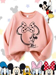 Disney Minnie Mouse Bow Line Art Silhouette Comfortable Print Young Girls' Long Sleeve Sweatshirt, Suitable For Autumn/Winter, Lightweight And Cozy, Great For Layering In Fall, Fashionable Casual Wear, Graphic Design, Back To School Season, Autumn, Back To School Party, Suitable For Outdoor Picnic, Street Photography, Home, Campus, Holidays, New Year Gift - Pink - View 1