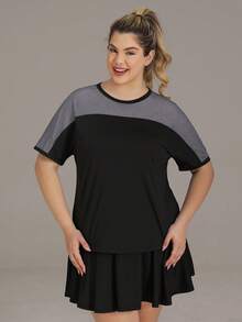 Plus Size Women's Mesh Patchwork Short Sleeve Sports T-Shirt, Contrast Trim Curved Hem, Loose Breathable Summer Fitness Yoga Top - Multicolor - View 5