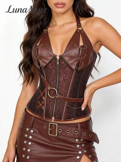 Luna Muse New Brown Deep V Neck Leather Patchwork Chain Decor Corset Top, Steampunk Goth Style, Sexy Bodycon Bustier, Suitable For Daily, Streetwear, Punk Party, Music Festival, Halloween, Valentine's Day, Nightclub Outfit, Essential Item For Sexy Girl Vibe
