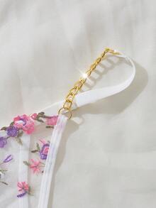 一套女士性感内衣，花卉薄纱刺绣蕾丝边饰金色链条，1/4罩杯开衩镂空设计可调节文胸和内裤，2件套 - 彩色 - 查看 5