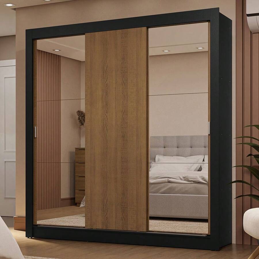 Ropero Closet Madesa 3 Puertas 2 Espejos Color Negro y Marrón 01 decoración de cuarto espejos espejo Body completo vanity tocador muebles para cuarto muebles escritorio vanity closet para ropa mueble para baño espejos de Body completo tocador cajonera ropero mesa sillas cajonera para ropa ropero para ropa - Negro y Marrón - Ver 1