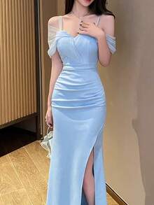 Summer Women Elegant Chic Bodycon Sexy Party Cold Shoulder Slim Birthday Prom Evening Dress - Baby Blue - View 6