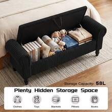 51.5 Inch Storage Bench For Bedroom End Of Bed, Bedroom Bench Mid-Century Upholstered Bed Bench With Rolled Armed, Ottoman Storage, Bench With Storage For Bedroom, Bedroom Essentials - Black-corduroy - View 4
