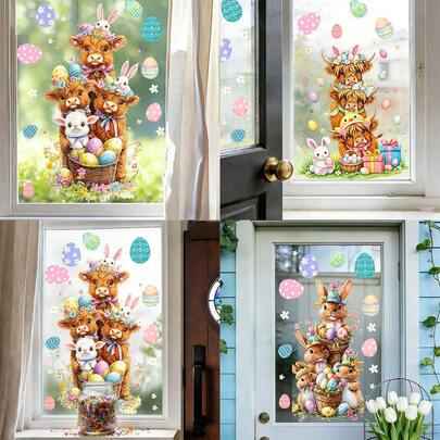 1/3片装可重复使用静电吸附式牛兔窗贴，PVC材质，适用于玻璃推拉门窗、浴室、卧室、家居装饰，也是很棒的复活节礼物。