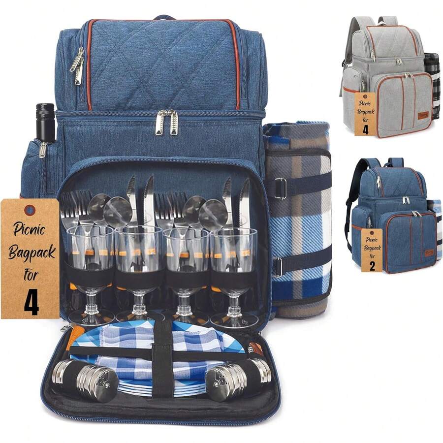 [Envíos locales] Mochila de picnic para 4 personas con forro aislante, accesorios completos incluidos, color azul y negro, portátil para actividades al aire libre - Azul - Ver 1