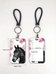 1pc ABS Black Rope Flower & Horse Head Pattern Fashion Personalized Cartoon Pull-Type Card Clip Keychain Bag Pendant, Student Wristband Card Clip, Women Student Card Clip, ID Bus Protection Case, Student Campus Card Protection Case - Rectangle - View 7