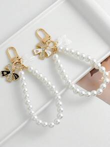 New Pearl Chain Beaded Phone Lanyard, Round Disc Bow Cherry Pendant Keychain, Women's Birthday Gift - Multicolor - View 1