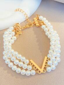 优雅时尚女士多层可叠戴珍珠V形项链耳环首饰套装，婚礼配饰 - 黃金(手鐲+項鍊) - 查看 4