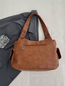 1件复古大容量手提包，复古PU单肩斜挎包，女士休闲托特包兼钱包 - 棕色 - 查看 5