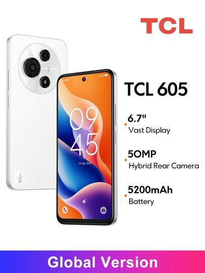  TCL 605 全球版智能手机，6.7 英寸大屏幕，双立体声扬声器，5000 万像素混合后置摄像头，可靠的八核处理器，增强的 IP54 防护等级，5200mAh 电池，支持 18W 快充