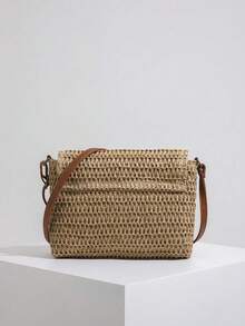 Vintage Fashion Large Capacity Woven Tote Bag, Beach Vacation Straw Shoulder Crossbody Bag , Summer - 卡其色 - 查看 9