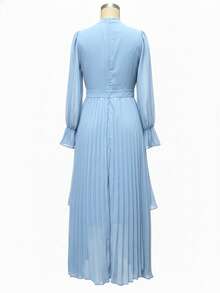 女士纯色立领镂空褶裥长袖不对称荷叶边下摆优雅收腰派对及节日连衣裙 - 淺藍色 - 查看 5