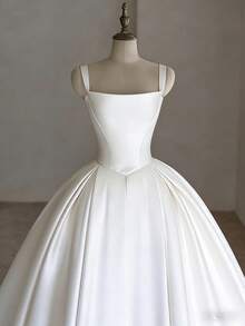 Chic Square Neck A-Line Wedding Dress With Open Back In Satin – Sophisticated Floor-Length Bridal Gown Featuring An Elegant Wide Neckline, Daring Backless Design, And Lustrous Satin Silhouette, Perfect For Weddings, Christmas Galas, Halloween Balls, Formal Dances, Birthday Celebrations, And Special Evening Events. A Versatile Choice For Wedding Receptions, Holiday Parties, Anniversary Dinners, Luxury Getaways, Black-Tie Occasions, Cocktail Gatherings, Bridal Showers, Wedding Guest Attire, Graduation Formals, Homecoming Events, And As A Modern Bridesmaid Or Statement Evening Gown. - 白色 - 查看 2