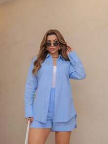Two-Piece Linen Shirt And Shorts Set, Lined With Elastic. Summer Vacation: Perfect For Celebrating Christmas, New Year's Eve And New Year In Brazil! - 淺藍色 - 查看 1