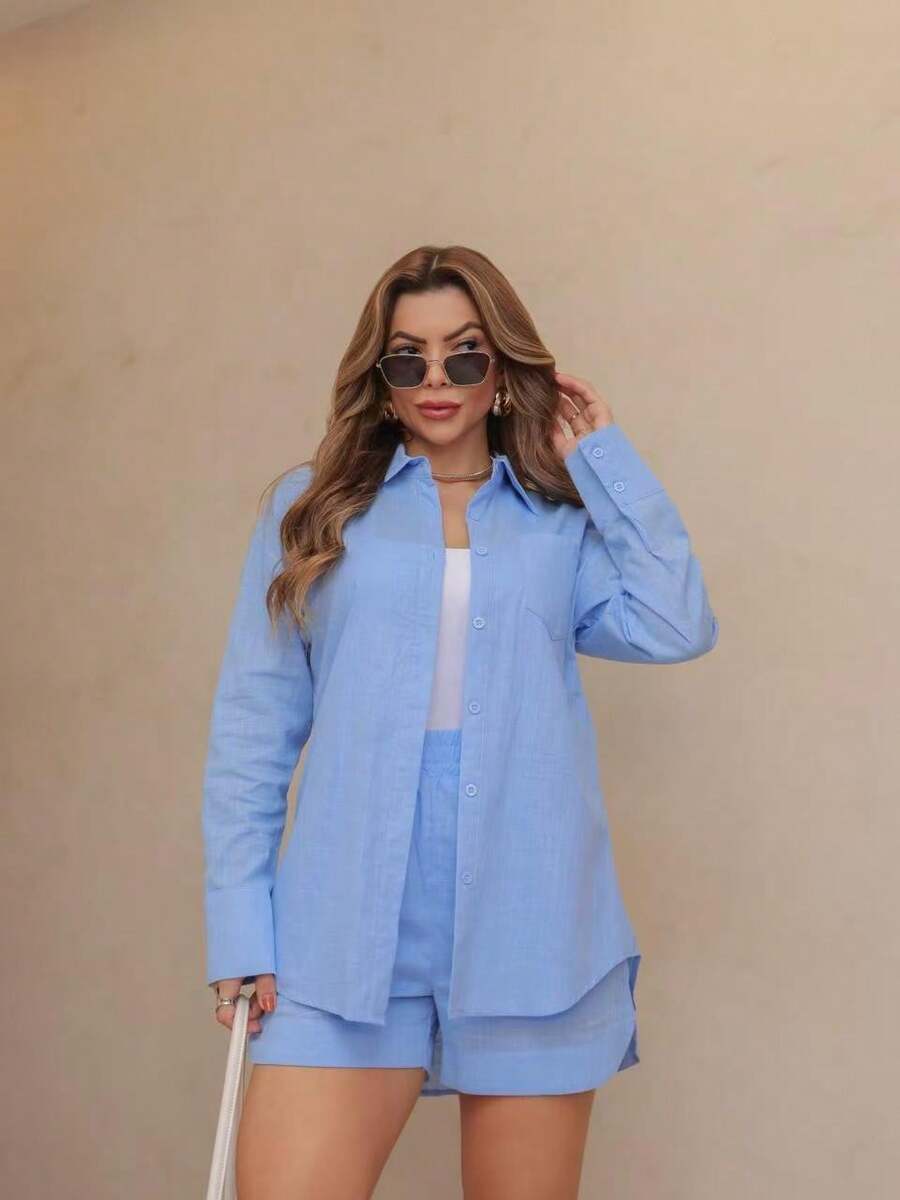 Two-Piece Linen Shirt And Shorts Set, Lined With Elastic. Summer Vacation: Perfect For Celebrating Christmas, New Year's Eve And New Year In Brazil! - 淺藍色 - 查看 1