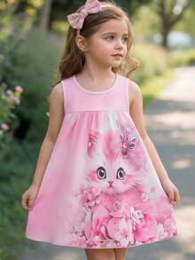 4-7 Years Old Girls' Sleeveless Dress, Super Cute Cat Print Loose Casual Sleeveless Dress, Suitable For Summer Daily Wear, Casual Sports, Parent-Child Outings - Pink - View 2