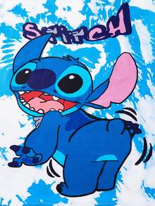 Disney Summer Young Girls Stitch Cute Short Sleeve T-Shirt And Shorts Set, Stitch Cartoon Print, Stretchy Solid Color Pants, Suitable For Children's Daily Wear, Great Gift - Blue - View 5