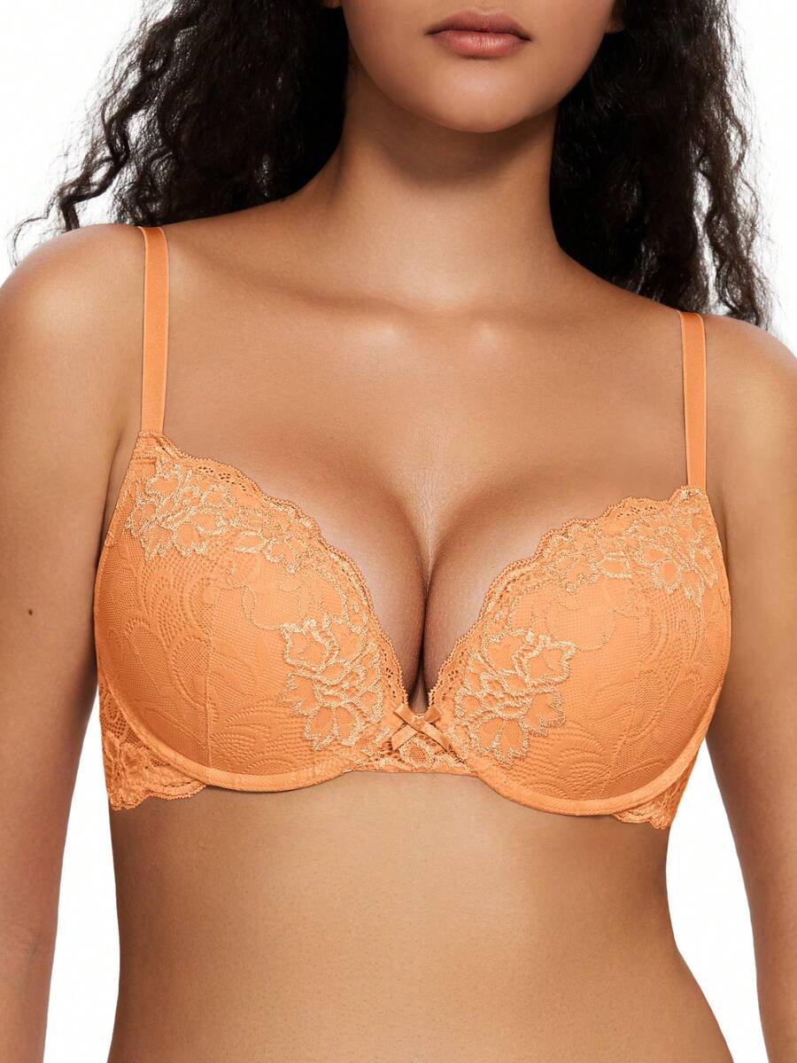 Wingslove Sujetador inalámbrico con relleno, estilo romántico con flores y encaje para mujer. Ajustable, diseño de elevación, detalles de encaje sexy, soporte suave - Naranja - Ver 1