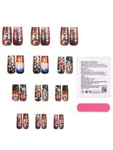 24片装深色按压式美甲，长棺材形，花朵图案，带胶水，日落图案亚克力美甲设计，全覆盖花朵太阳假指甲，粘贴式美甲，适合女性和女孩 - 彩色 - 查看 5