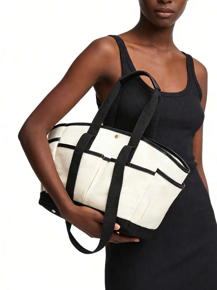 Large Capacity Tote Bag, Black & White Patchwork Canvas Handbag, Multi-Functional Compartment Lunch/Bento Box Bag - Multicolor - View 1