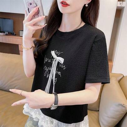 女士休闲字母印花蝴蝶结装饰短袖T恤，夏季黑色