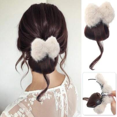 Women's Low Bun Chignon Hair Piece Claw Clip & Hair Tie Fuzzy Face-Framing Tendrils Natural Fluffy Plush Hair Bun For Back Of Head