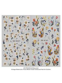 2片装春夏花卉浮雕美甲贴纸 - 复古水彩花卉、百合、芙蓉花，适用于复活节、婚礼、日常、节日等场合，简约奢华主题，易于粘贴的美甲贴纸 - 彩色 - 查看 9