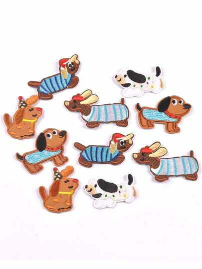 5片装 32-63mm 彩色精细腊肠犬图案布贴，适用于DIY服装、包包、个性化缝纫配件，小巧布贴，带热熔胶