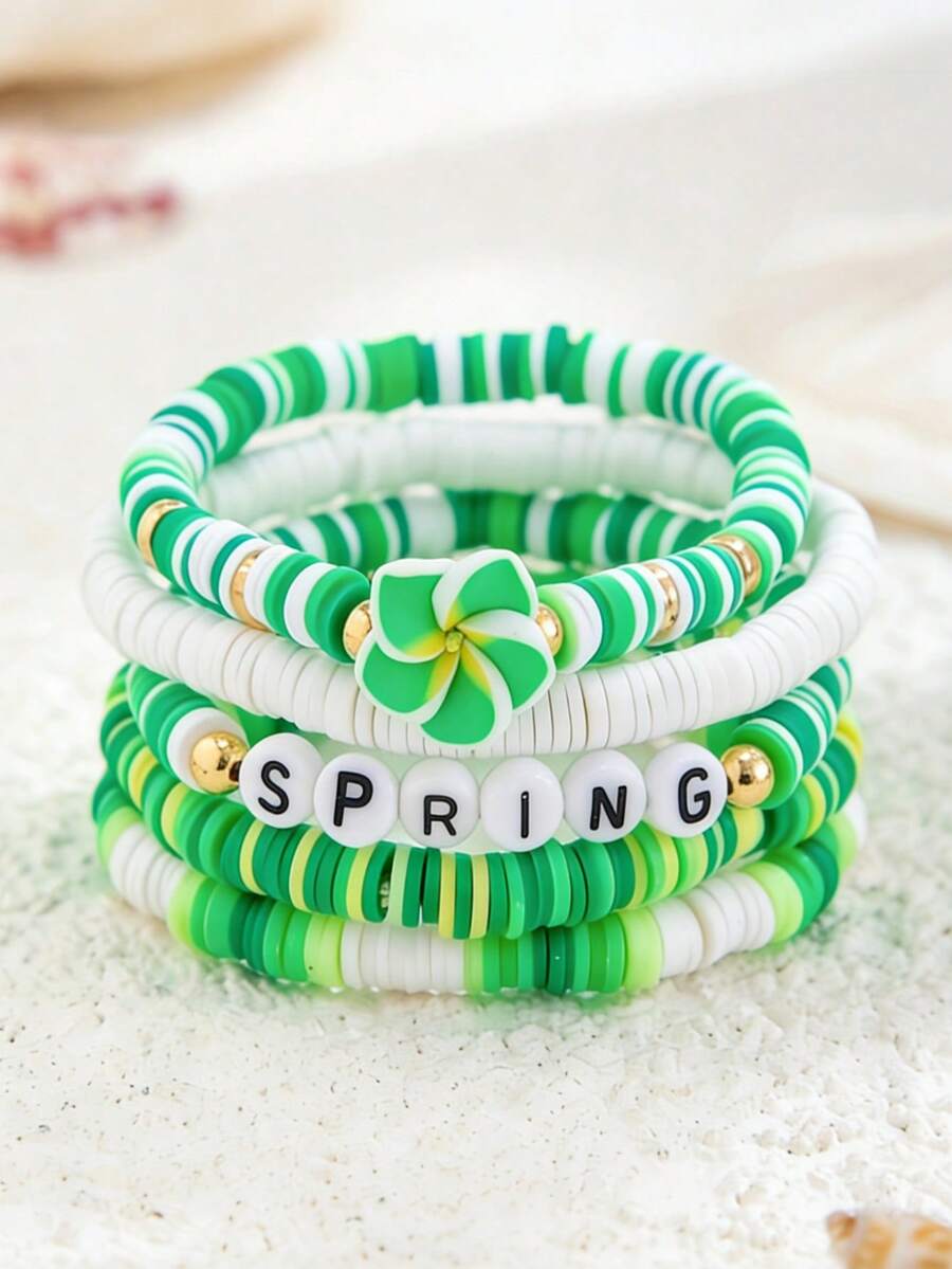 5pcs St. Patrick's Day Bracelet Set, Fresh Green Flower & Letter Polymer Clay Bracelet Set - Multicolor - View 1
