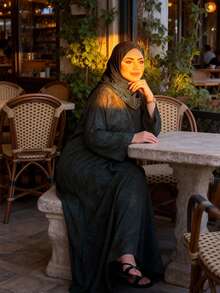 Printed Loose Long Sleeve Elegant Arabic Abaya Robe With Headscarf Included - Gray Blue - View 5