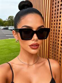 1pc Black Plastic Full Frame Geometric Classic Women Fashion Glasses For Summer Camping Driving School Outings Outdoor Casual Activities - Multicolor - View 8
