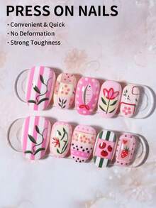 24片可爱短款椭圆形花朵美甲贴片，采用亚克力材质，适合短指甲。套装包含1瓶凝胶指甲油和1把指甲锉。这些短款花朵美甲贴片会让你的指尖闪耀动人，非常适合派对、跳舞和日常佩戴。 - 彩色 - 查看 3