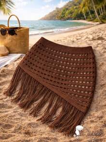 Ibiza Crochet Skirt With Fringe For Women, Elegant Beach Cover-Up, Openwork Fabric, Fringe, Cutout/Cutout, Vacation, Beach - 鏽棕色 - 查看 2