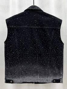 High End Fashion Rhinestone Starry Denim Versatile Loose Sleeveless Vest - 黑色 - 查看 2