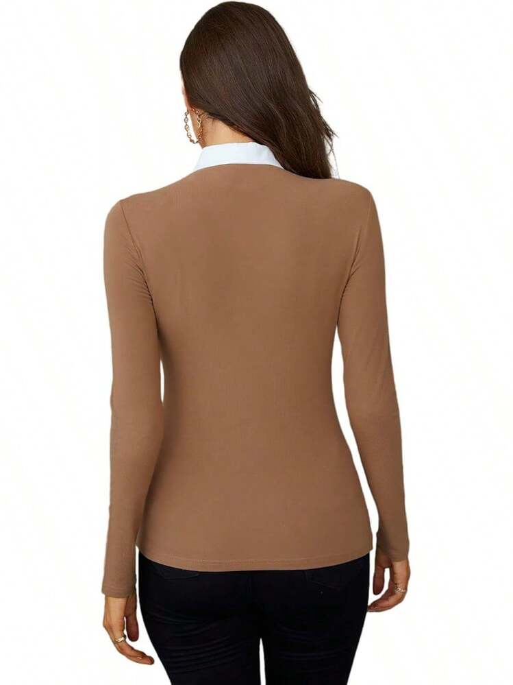Womens Polo Shirts Fall Clothes For Women Lapel Collared V Neck Long Sleeve Tee Shirt - 50061 Coffee - View 4