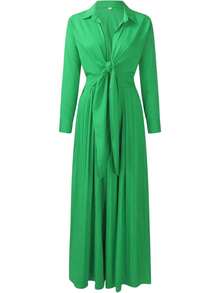 French, Basic, Formal, Office, Fresh, Sophisticated, Chic. Fall Winter. Beach, Date.  Plunge V-Neck Maxi Dress - Green - View 4