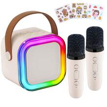 儿童卡拉OK机,配备2个无线麦克风,迷你卡拉OK播放器,带LED彩色灯,便携式户外无线音箱,是3-12岁男孩女孩的理想礼物 - 彩色 - 查看 16