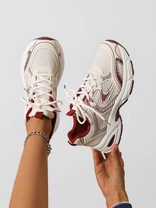 女士圆头系带厚底学生休闲舒适跑步运动鞋 - 紅色 - 查看 2