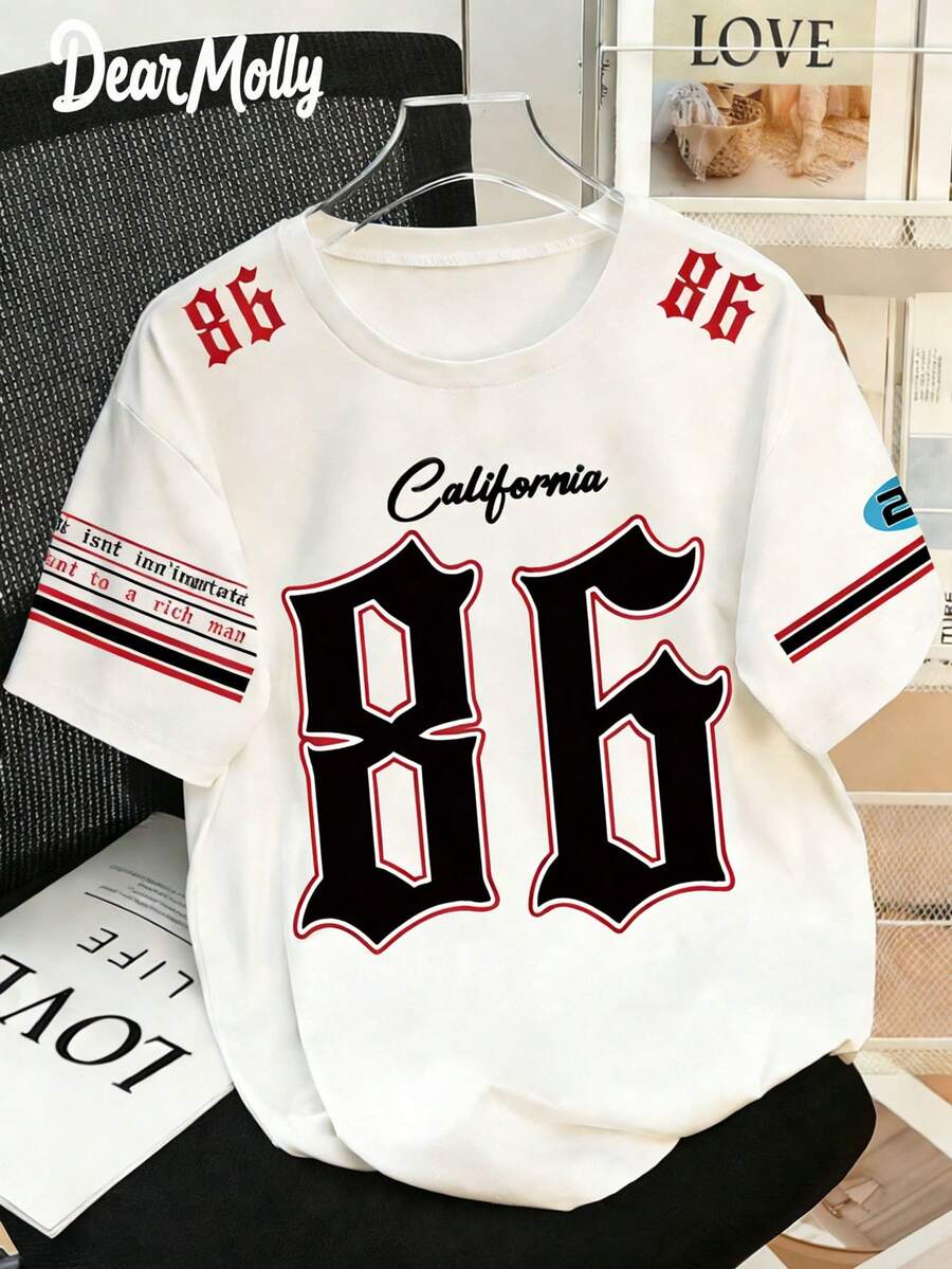 女士时尚休闲宽松 T 恤，带醒目的“86”加州印花，短袖，圆领，男女通用运动休闲上衣，2025 年春夏新品，适合日常穿着 - 白色 - 查看 1