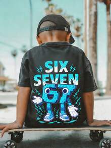 Young Boy Casual Graphic Print Crew Neck Short Sleeve T-Shirt, Summer Top - Dark Grey - View 4