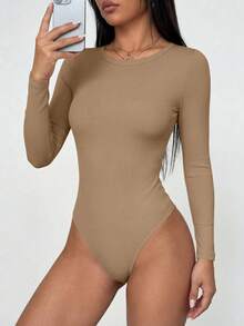 Women Spring Bodysuits For Long Sleeve Shirts Fitted Basic Ribbed Layering Bodys Tops Fall Fashion Winter Clothes Khaki Vacation Rompers Outfits For Women - Khaki - View 3