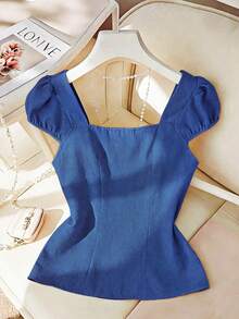 优雅法式纯色方领短袖女式衬衫，春夏修身设计，独特 - 藍色 - 查看 4