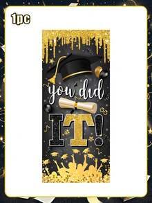 2026 Graduation Season Black & Gold "You Did It" Doorway Curtain, Graduation Cap & Certificate Themed Door Hanging, Graduation Ceremony Decor, Student Graduation Party Backdrop, Black & Gold Glitter Graduation Doorway Curtain - Black - View 7